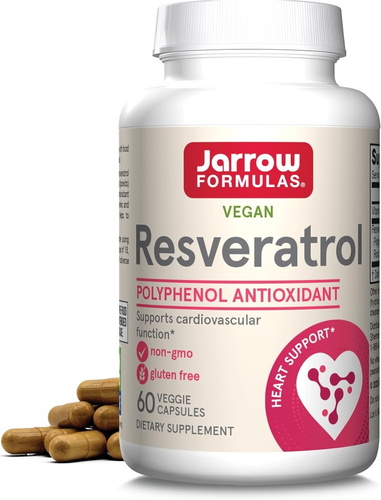 Jarrow Formulas® Resveratrol 100 mg, Suplemento dietético, Apoyo Antioxidante para Función Cardiovascular, 60 cápsulas vegetarianas, 60 días de suministro