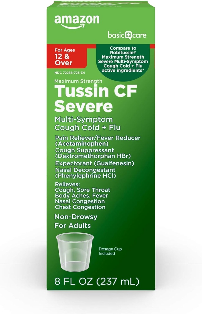 Amazon Basic Care Tussin Severe CF Max Syrup, Multi-Symptom Cough, Cold and Flu Liquid Medicine, Non-Drowsy, Reslieves Cough, Sore Throat, Body Aches, Fever, Nasal y Chest Congestion, 8 fl oz