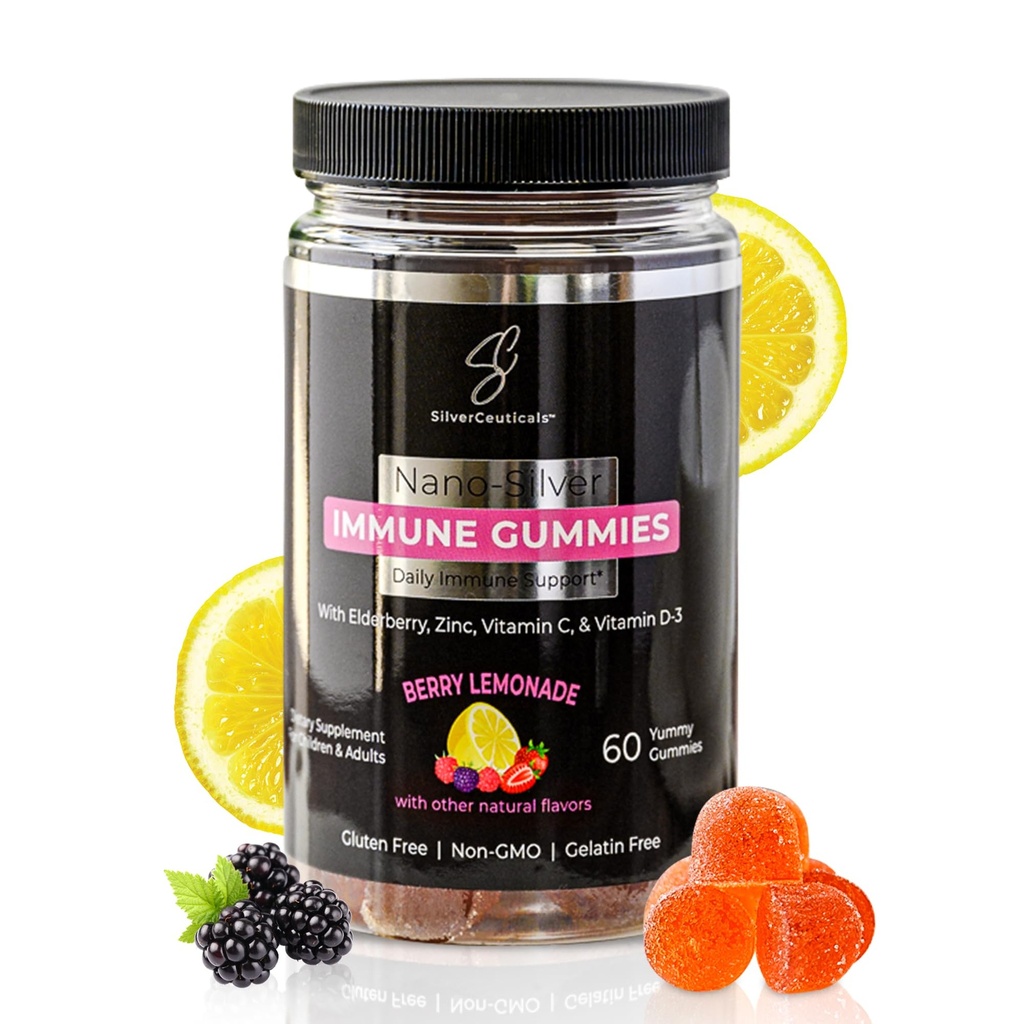 Immune Gummies - Sambucus Elderberry - Vitamin C & D - Zinc - Save Your Sick Days - Kids & Adults - Safe Ages 4 & Up - Nano Colloidal Silver - Gluten & Gelatin Free Non-GMO - Berry Lemonade - 60 Count