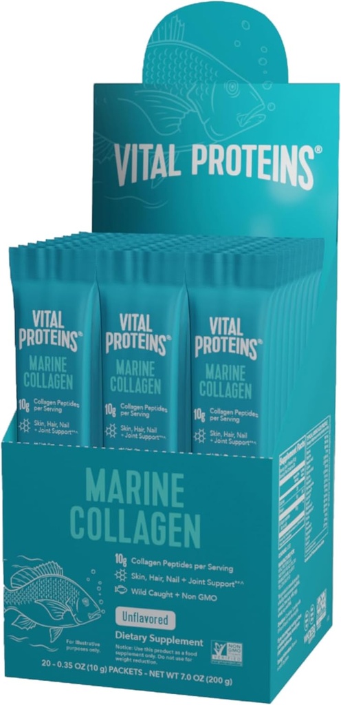 Vital Proteins Marine Collagen, Wild-Caught, Non-GMO Proyecto Paquetes de palillos verificados y desarmados (10g) (Box of 20)