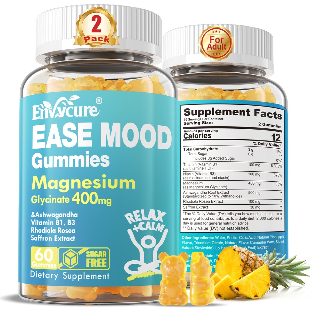 Azúcar Magnesium Glycinate Gummies 400mg con Ashwagandha, B1, B3, Rhodiola Rosea &amp; Saffron para el descanso, Mood &amp; Calm Magnesium Gummies for Adults, Chewable Magnesium Supplement, Vegan, 120Ct