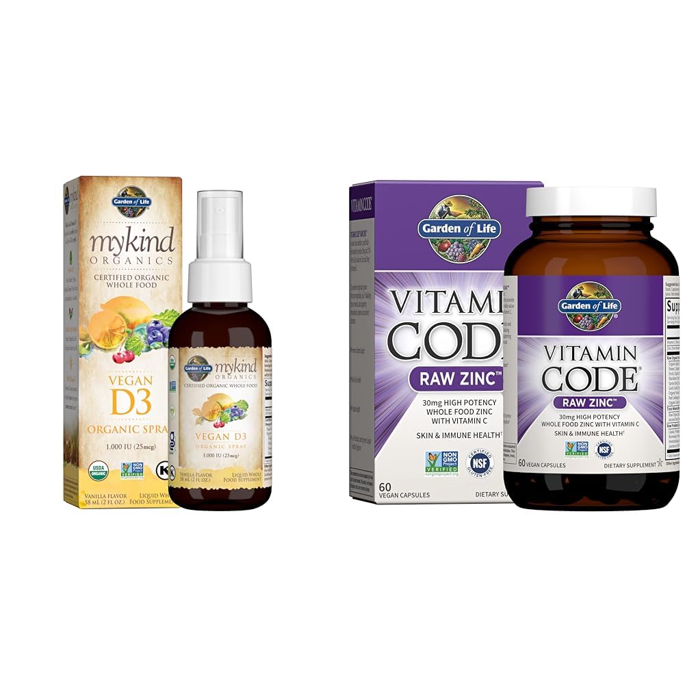 Jardín de Vida Orgánica Vitamina Vegana D3 Spray 1000 UI, Suplementos Zinc 30mg - Vitamina C, Inmune &amp; Skin Health