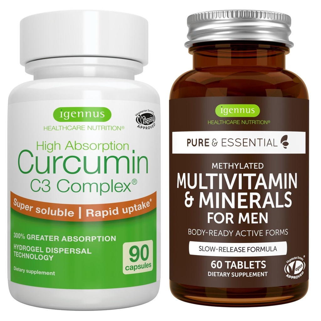 Multivitamínico &amp; Minerales para Hombres + Complejo de Curcumina de Alta Absorción C3, Bundle Vegan, Sostened Release Advanced Multivitamin + 300% Mayor Absorption Curcuminoids with Rapid Uptake, by Igennus
