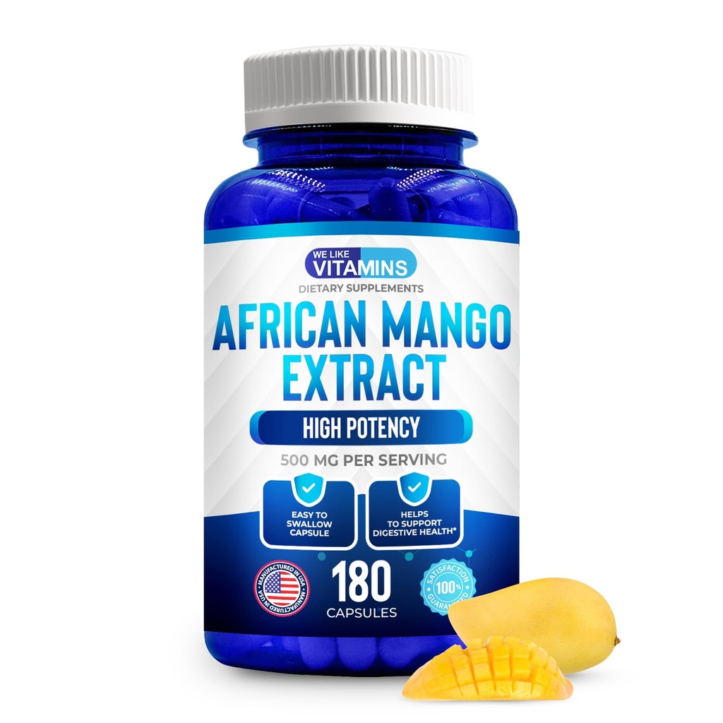 Nos gusta Vitaminas African Mango Extracto 500mg - 5000mg Equivalente 10:1-180 cápsulas - 6 meses de suministro de cápsulas africanas del mango – apoya el metabolismo de la grasa y la salud digestiva