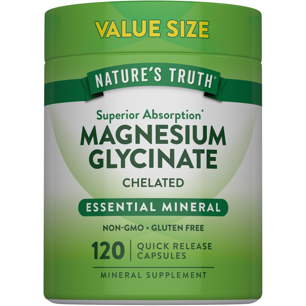 La verdad de la naturaleza Magnesio Glycinate 200mg ← 120 Capsules ← Alta Absorción Magnesio Chelated ← Non-GMO &amp; Gluten Suplemento Mineral Libre