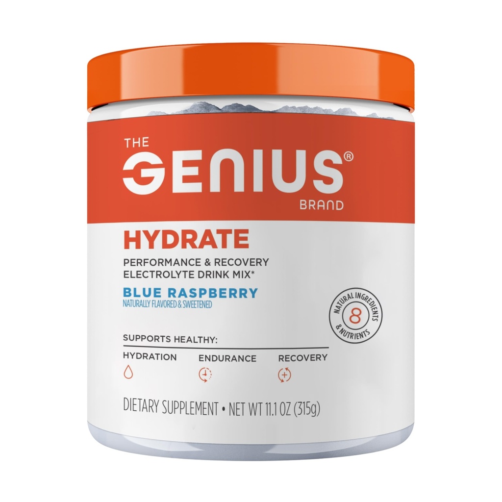 The Genius Brand Genius Hydrate - Electrolyte Supplement for Daily Hydration - Coconut Water - Sugar-Free - 8 Minerales esenciales " Nutrientes - Non-GMO - Blue Raspberry - 50 Servings