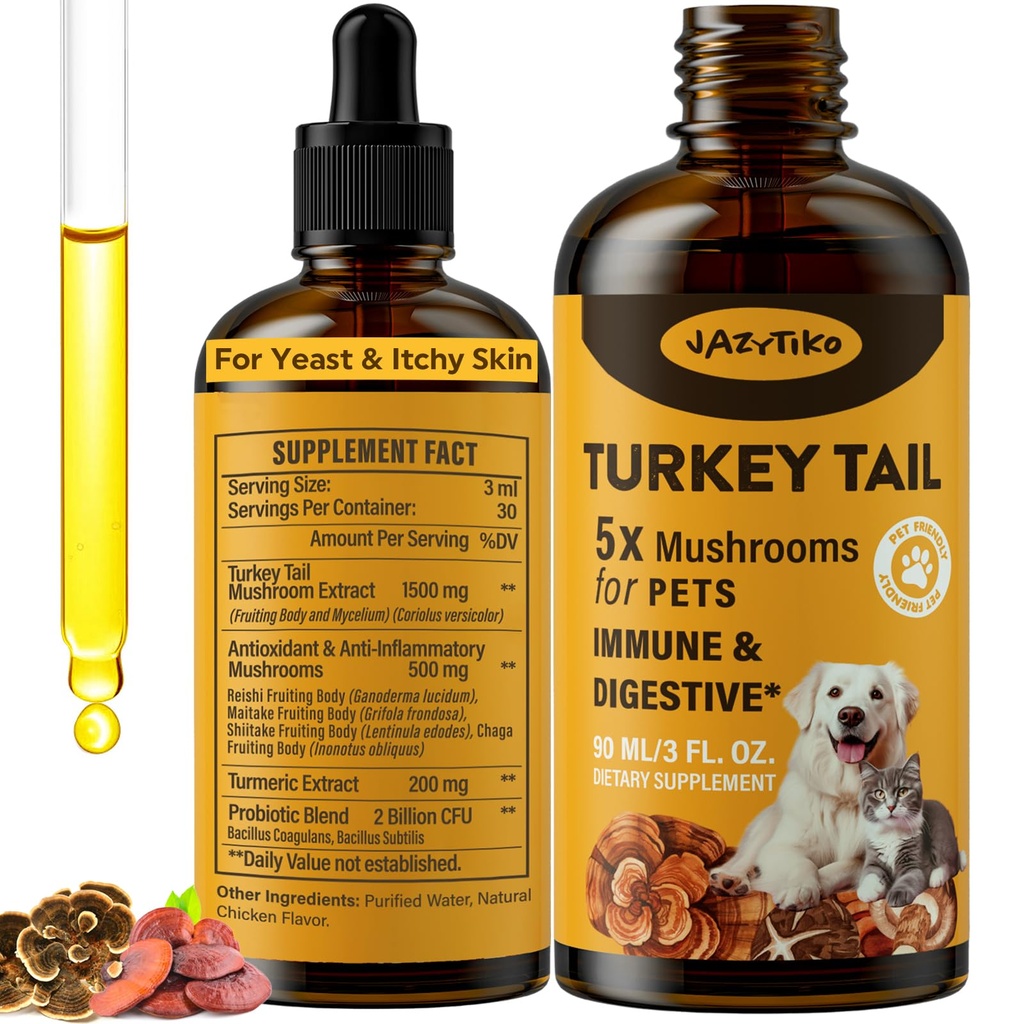Turquía Tail Mushroom for Dogs - Faster Absorption 2000mg Turquía Tail Mushroom for Immune &amp; Digestive, Joint, Energy, 5X Mushrooms for Pet Drop with Turmeric & Probiotic - Vet Formulated, 90 ML/3FL.oz