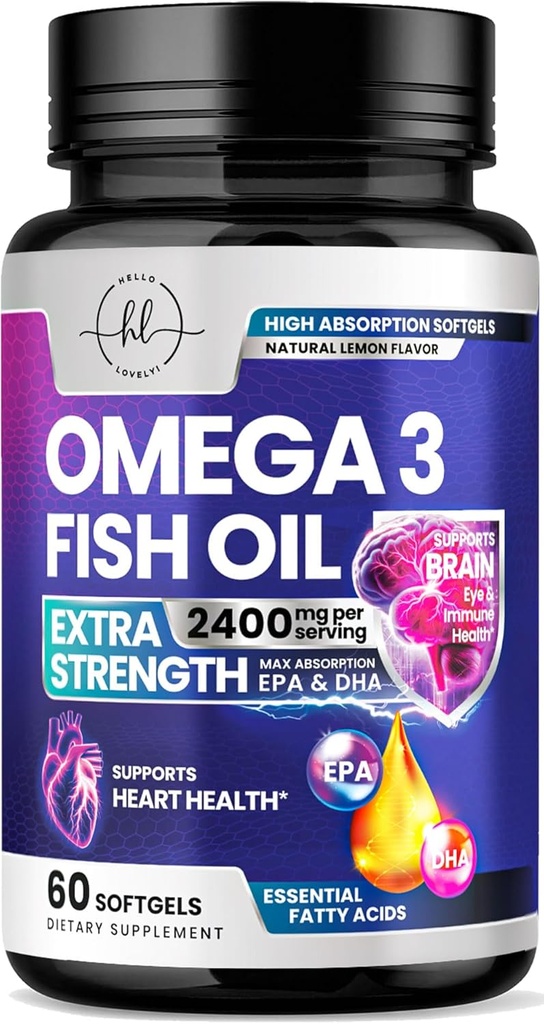 Omega 3 Suplementos de aceite de pescado 2400 mg - Triple fuerza Omega 3 ácidos grasos, salud natural cerebral & soporte conjunto - ácidos grasos con EPA & DHA - suplemento de aceite de pescado silvestre - 60 Softgels
