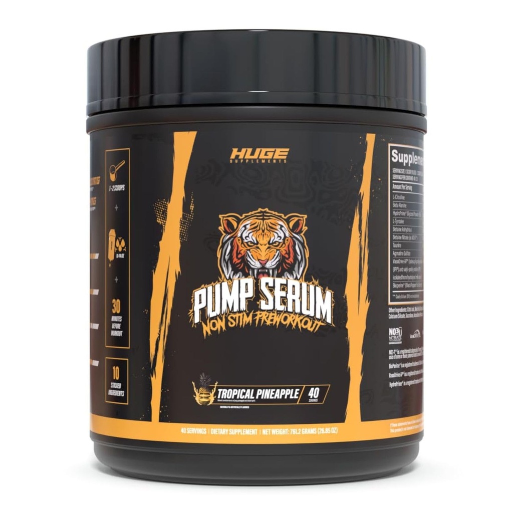 Suplementos enormes Pump Serum, Stim Free Pre Workout y Nitric Oxide Booster to Enhance Focus, Pumps, Fulness with No Caffeine, L-Citrulline, GlycerPump, L-Tyrosine, Nitrosigine (Tropical Pineapple)