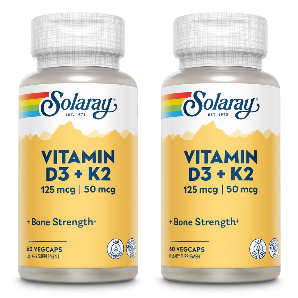 SOLARAY Vitamina D3 + K2, D &amp; K Vitaminas para Absorción y Apoyo al Sistema Cardiovascular Saludable &amp; Arteries, No GMO &amp; No Soy