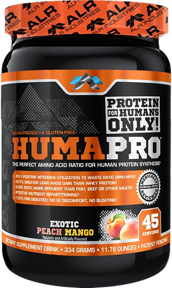 Humapro ← Aminoácidos Matriz Proteína para los seres humanos TENIDO 99% Utilización para el músculo magro tóxico Vegan, Gluten Free TEN 334g / 45 Servings (Exótico Mango Peach)