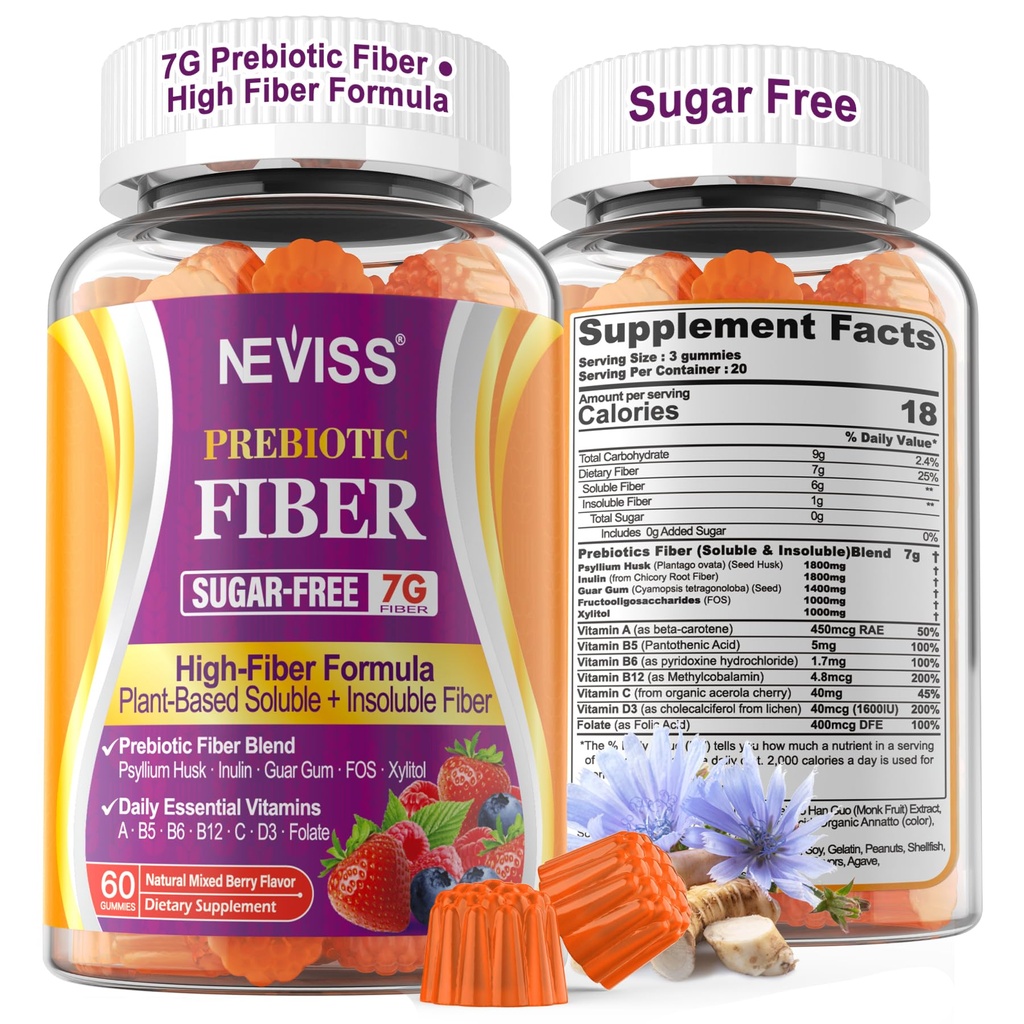 1Pack Fiber Gummies for Adults with Psyllium Husk, 7G(Soluble + Insoluble) Fibra Prebiótica Diaria con Inulina, FOS, Guar Gum, Multivitamínicos para Salud Digestiva Diaria Diaria, Regularidad Gut Support,Sugar Free