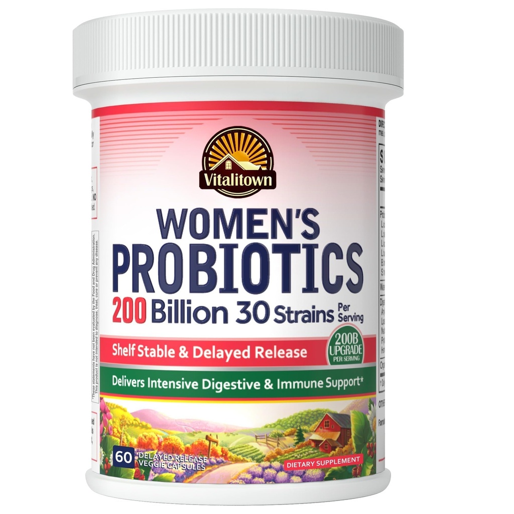 Probióticos de mujeres de Vitalitown ← 200 Billion CFUs 30 Strains TEN 60 ct TENIDO Shelf Stable, Acid Resistant ANTE Replenish Good Bacteria, Intensive Digestive & Vaginal Support TEN Vegan, Non-GMO