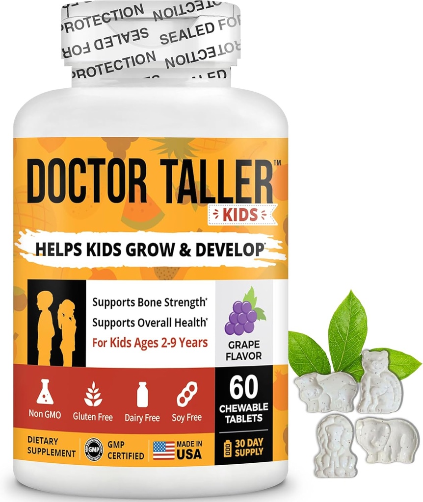 Doctor Taller Kids - Multivitaminas Infantiles, Vitaminas Toddler - Apoyo saludable, inmunidad y fuerza ósea para las edades de 2 a 9 años - Grape Flavor - 60 Tablas Vegan Chewable ← 1 Mes de Suministro