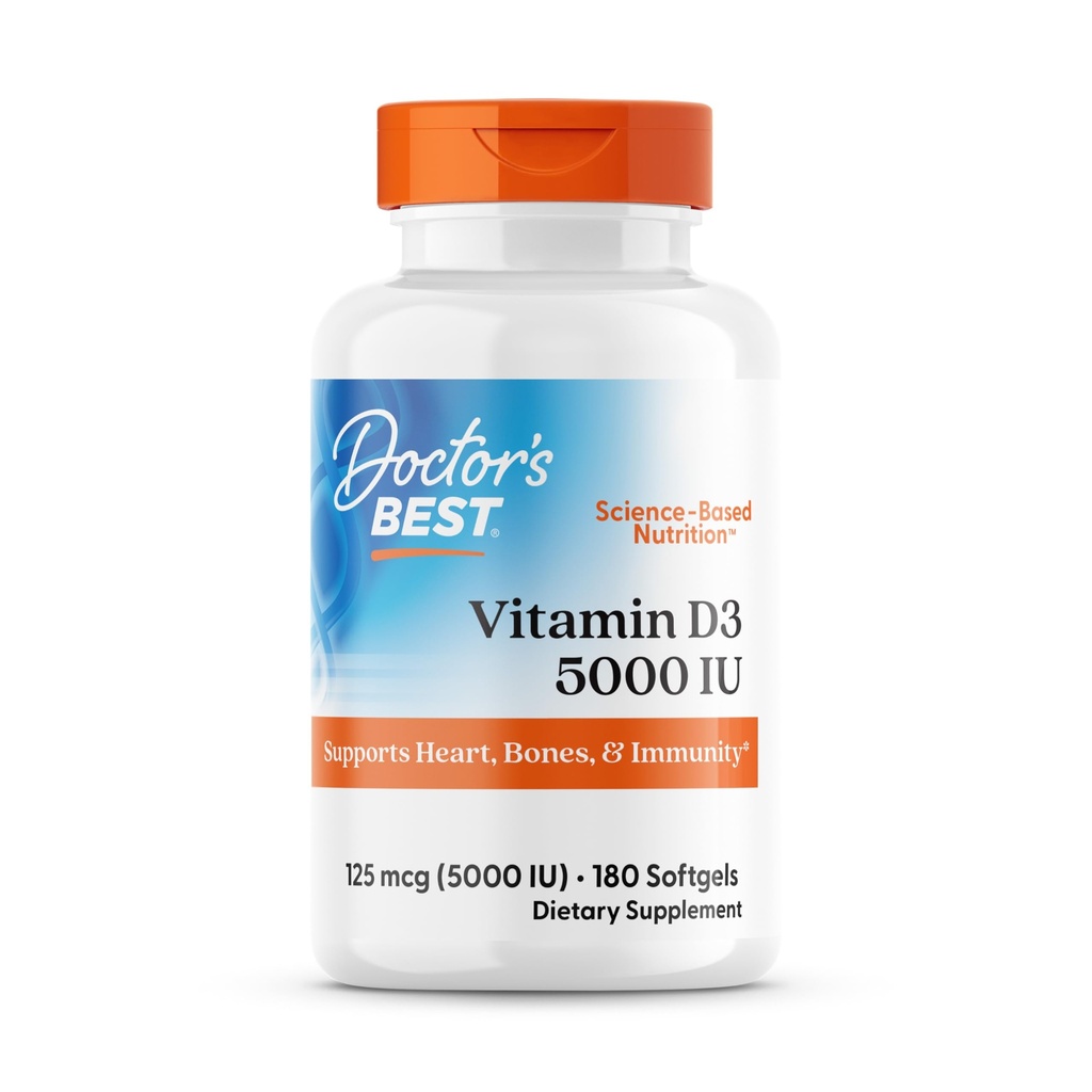 La mejor vitamina D3 5000IU, no GMO, Gluten &amp; Soy Gratis, Regula la función inmunitaria, soporta los huesos saludables, blanco, sin sabor, 180 conteo