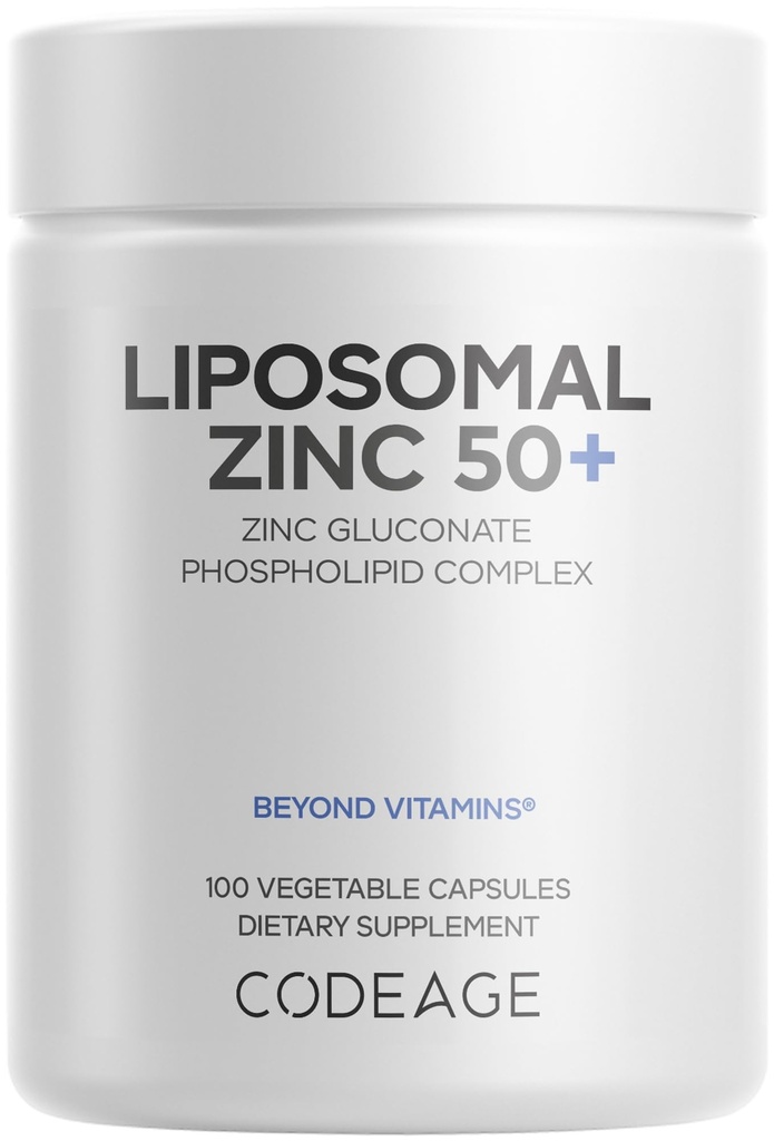 Codeage Liposomal Zinc Supplement – 3 Month Supply – One Por Day - 50 mg Zinc Gluconate Vitamin Pills - Suplementos Minerales Esenciales Zinc Plus Liposomal Delivery Matrix - Vegan Non-GMO - 100 cápsulas