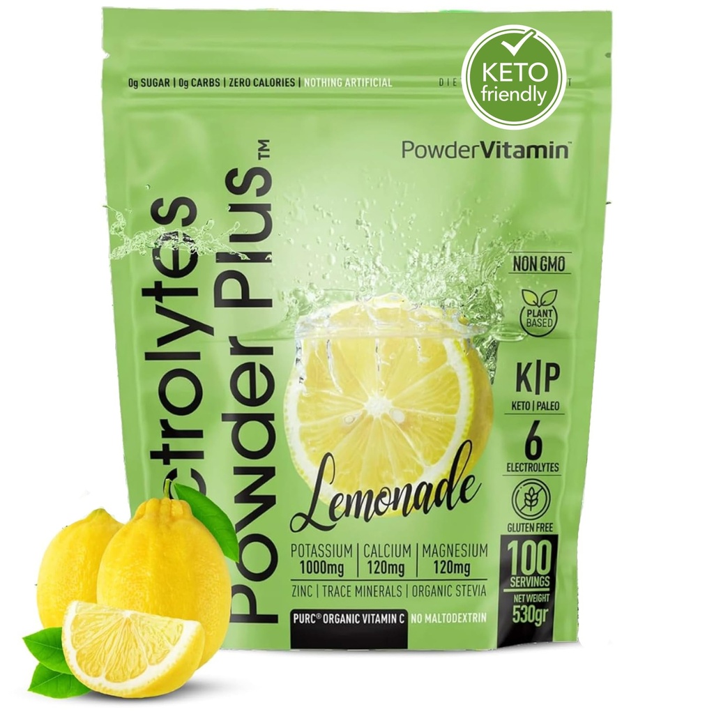 PowderVitamin Electrolytes Powder Plus Keto, Lemonade (100 Servings) 0 Azúcar, No Maltodextrin,1000mg Potasio,120mg Calcio,120mg Magnesio, Vitamina Orgánica C, Calorias de Zoro, Hidratación Energética Polvo