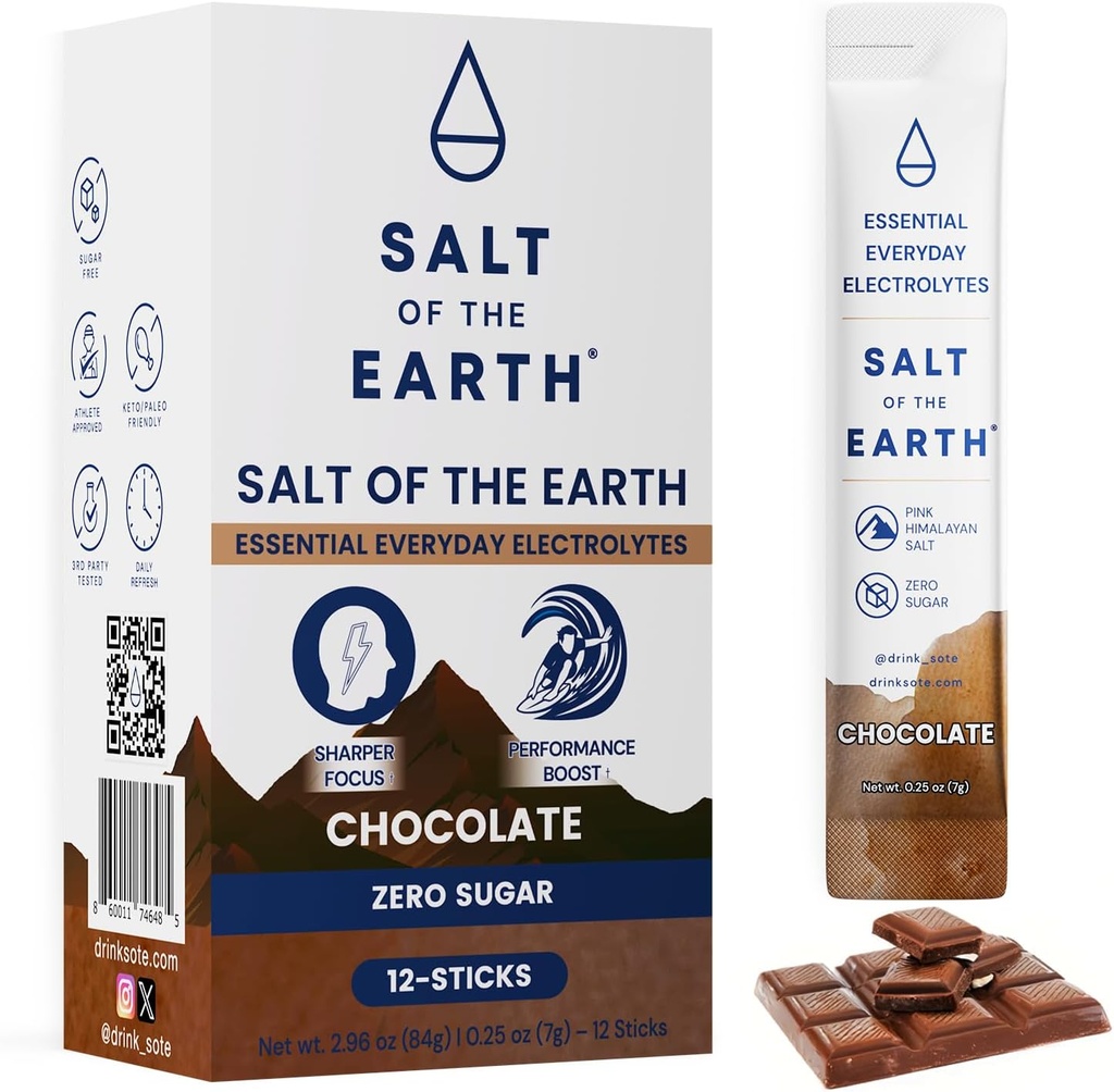 Salt of the Earth Premium Zero-Sugar Electrolyte - Hecho con Himalaya Rosa Salt - Hydration Powder Packets ← Ingredientes Premium TENER Keto & Paleo Friendly TEN 12 Sticks, Chocolate