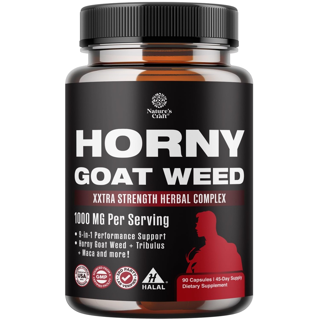 Natures Craft Horny Goat Weed for Hombre - Extra Strength Male Supplement with Black Maca Root, Tongkat Ali, Saw Palmetto & Panax Ginseng Extract for Stamina & Energy - 90 Capsules