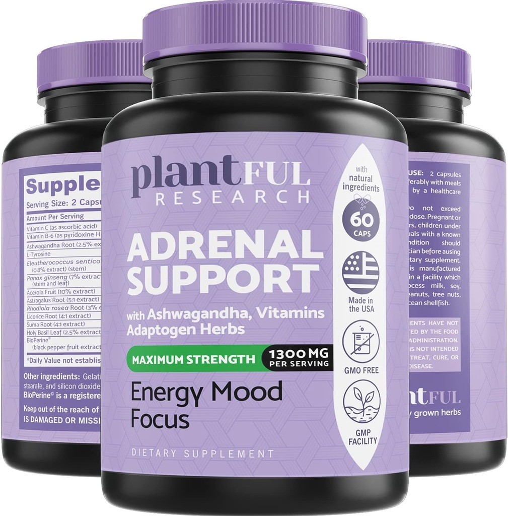 Soporte Adrenal & Cortisol Gerente Suplemento de Adaptógenos de Alta Puridad Ultra, Extracto de Ashwagandha, Rhodiola Rosea Capsules for Natural Energy, Fatigue, Mood Boost Non GMO