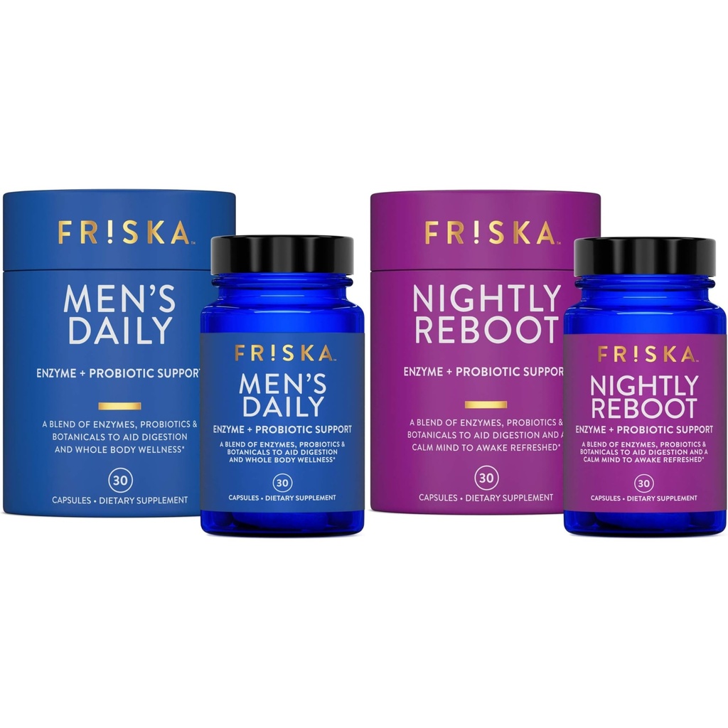 FRISKA Mens & Nightly Probiotic Bundle | Digestive Enzymes & Probiotics Supplement | Male & Nightime Digestion & Bloating Support | 30 Capsules per Bottle