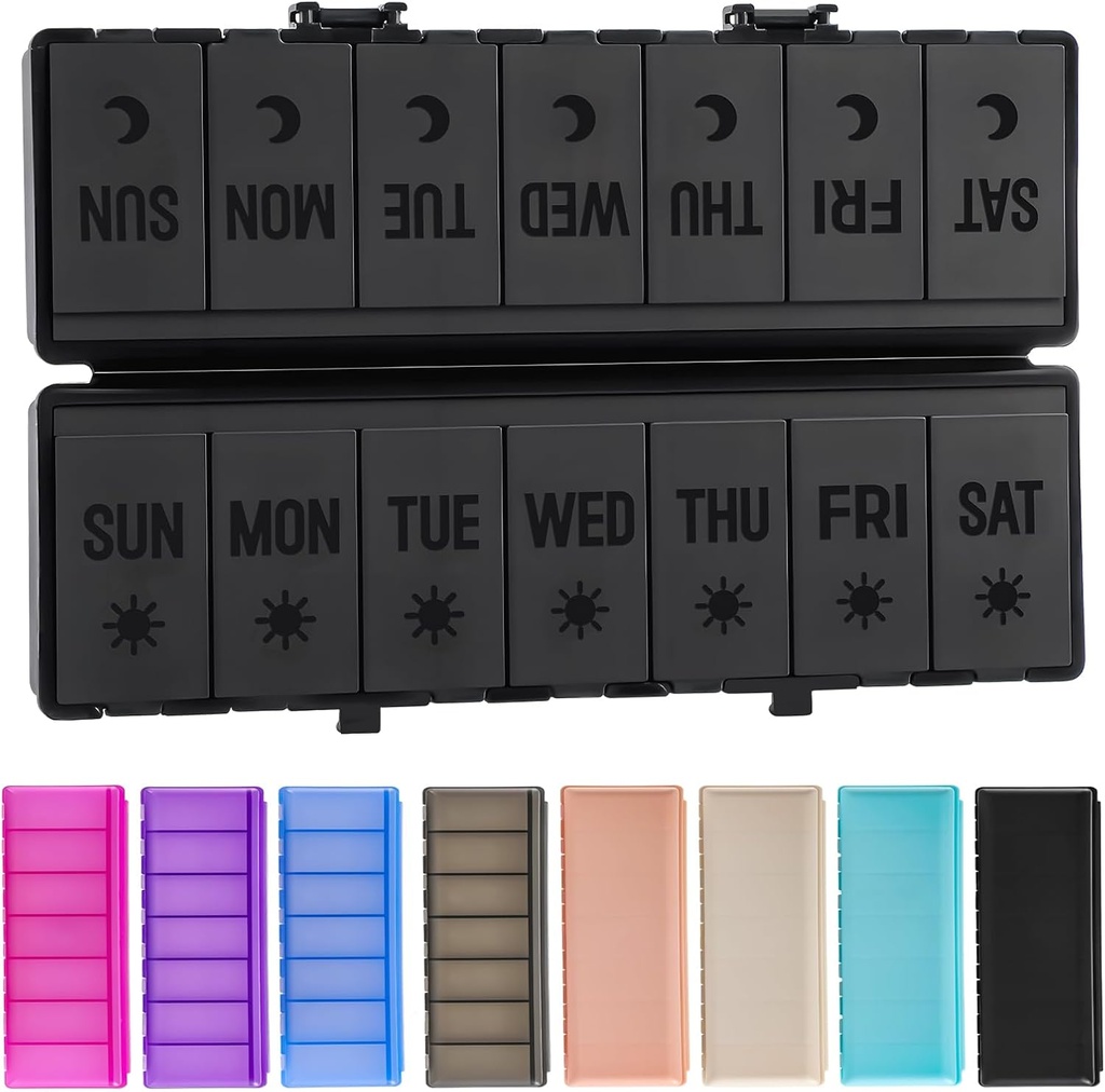 Organizador de píldoras plegable 2 veces al día w / Etched Labels -Protección final &amp; portátil semanal AM caja de píldoras, 7 días Contenedor de medicina, gran caja de píldoras de viaje para semana Suplemento diario Vitamina - All Black