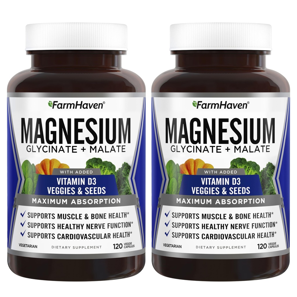 FarmHaven Magnesium Glycinate &amp; Malate Complex w/Vitamin D3, 100% Chelated for Max Absorption- Bone Health, Nerves, Muscles, 240 Capsules, 120 Days