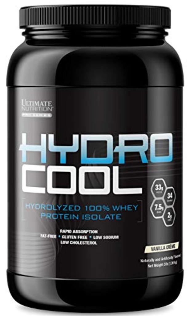 Ultimate Nutrition HydroCool Hidrolyzed Whey Protein Isolate Powder sin Bloating - Fat and Gluten Free, Rapid Absorption, 33 Grams of Protein, Vanilla, 3 libras