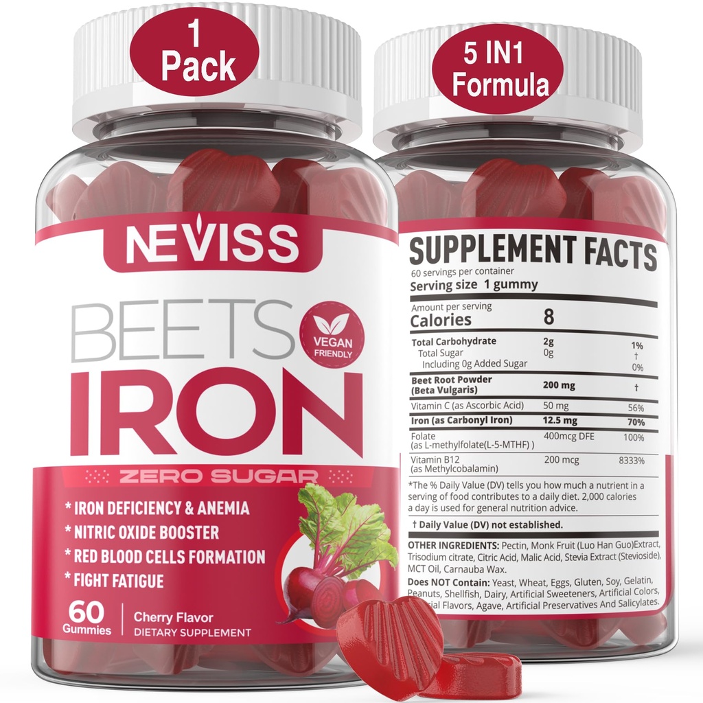 Gotas de remolacha con hierro, metil B12, folato, vitamina C - Aumentar el óxido nítrico & niveles de hierro, apoyo energético, lucha Fatiga, Beetroot & Gentle Iron Suplemento, azúcar Gratis, 60 Condes
