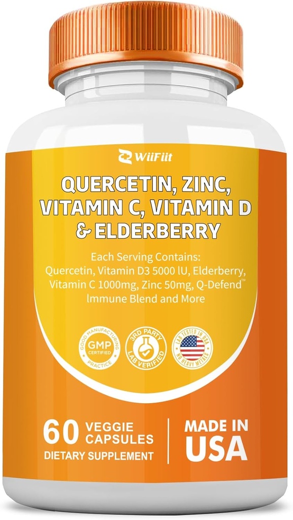 Quercetina 50 mg Zinc 1000 mg Vitamina C 5000 UI Vitamina D3 1000 mg Turmeric 1000 mg Elderberry con Q-Defend Immune Blend Reisshi Nettle Arteemisinin, Non-GMO, Suplementos Minerales,60 cápsulas