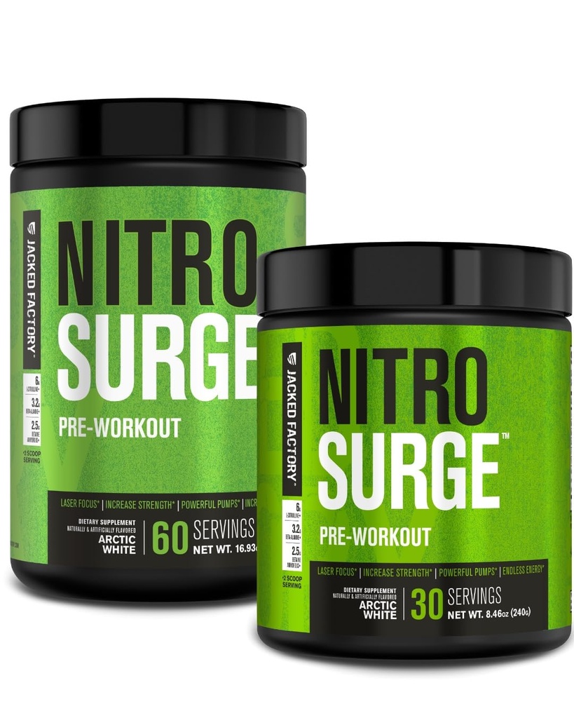 Jacked Factory NITROSURGE Pre Workout Supplement - Endless Energy, Instant Strength Gains, Clear Focus, Intense Pumps - NO Booster & Powerful Preworkout Energy Powder - 90 Servings, Arctic White