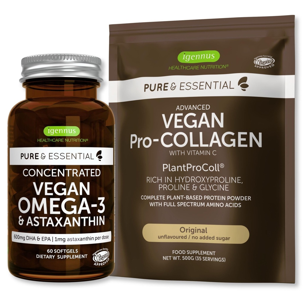 Puro &amp; Esencial Collagen Peptide Protein Powder & Vegan Omega 3 Bundle, Completa Collagen Boosting Formula & Sustentable Alga Oil 1340mg, por Igennus