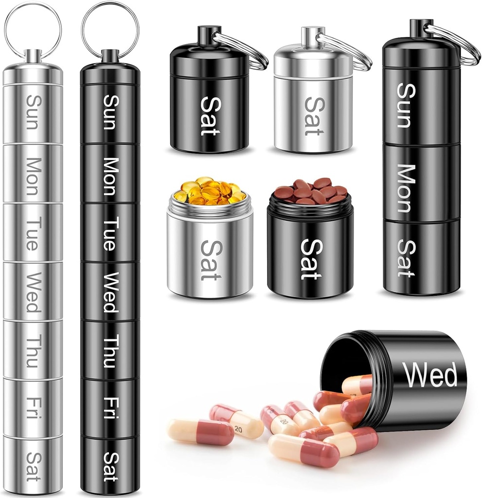 Organizador semanal de píldoras, Quwayee Portable Funda de pequeña pill Keychain Pill Holder for Travel, 2 Pack Metal Pill Case Waterproof Daily Medicine Pill Organizer for Vitamin, Fish Oil, Supplement