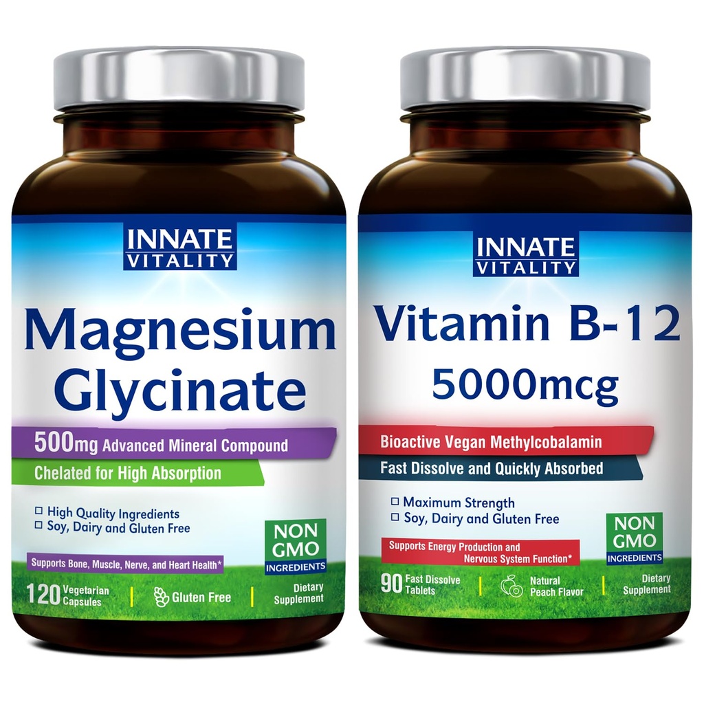 Innato Vitality Magnesium Glycinate & Vitamin B12 Bundle, No Gluten & Vegan, Magnesium (120 Caps) & Vitamina B12 (90 Tapas rápidas de consola), Value Pack, Bundle &amp; Save