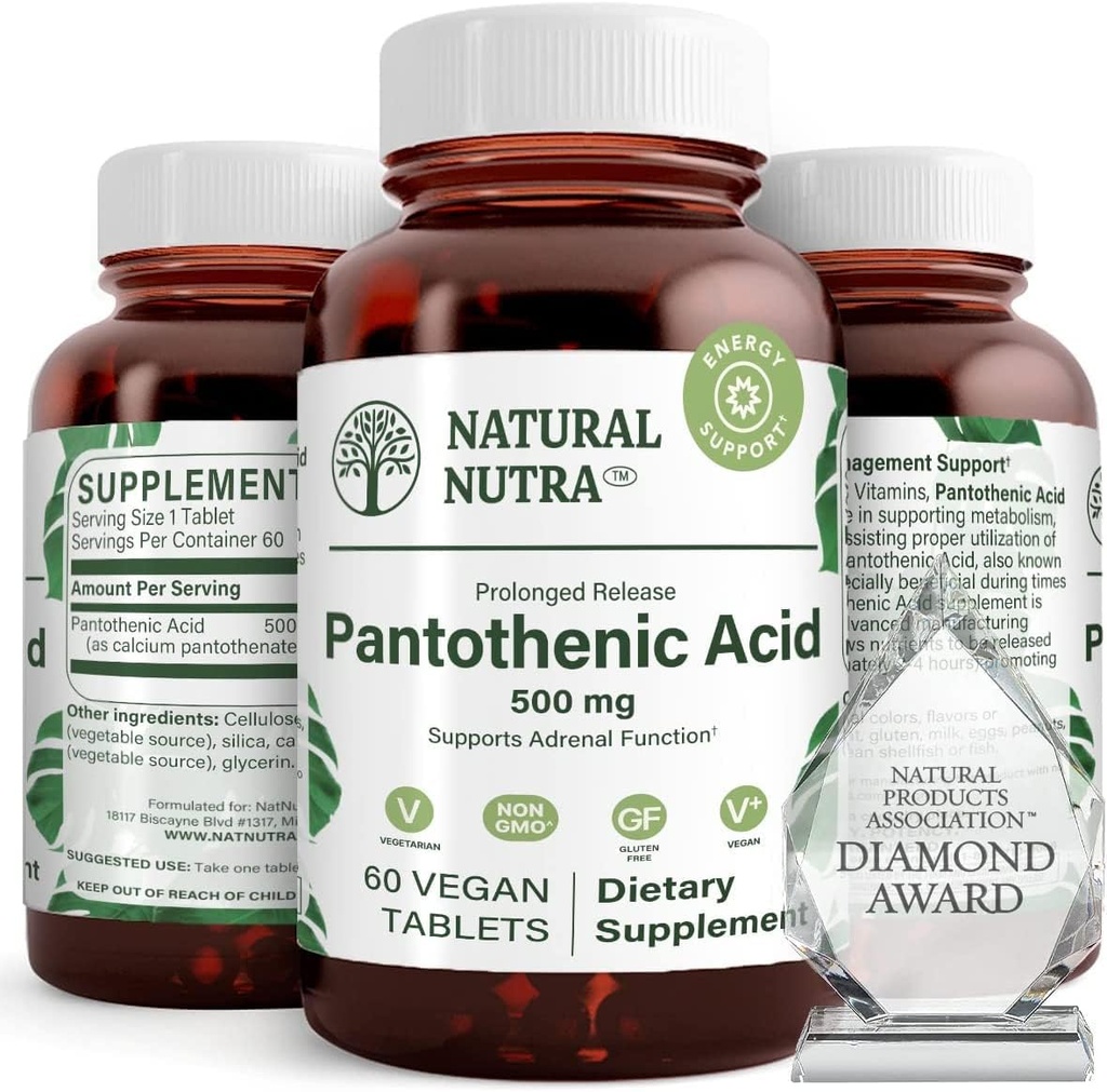 Natural Nutra Time Release Pantothenic Acid 500 mg, Vitamina B5 Suplemento Ayuda a romper grasas y carbohidratos, metabolismo y energía, mejorar la salud muscular, 60 tabletas vegetarianas (3 Pack)