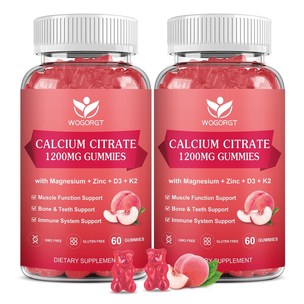 Calcio Citrato 1200mg Gummies con vitamina D3, K2 - Calcio Chewable Magnesio Zinc d3 Suplemento con el Extracto de Moss Mar para el Hueso, Dientes, Apoyo Inmunitario para Hombres, Peach Flavor-60 Gummies(2Pack)