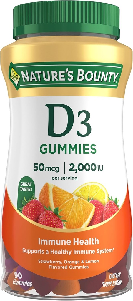 La recompensa de la naturaleza Vitamina D3 Gummies, Suplemento de vitaminas, soporta la salud inmune, 50mcg, 2000IU, sabor mixto de frutas, 90 Gummies