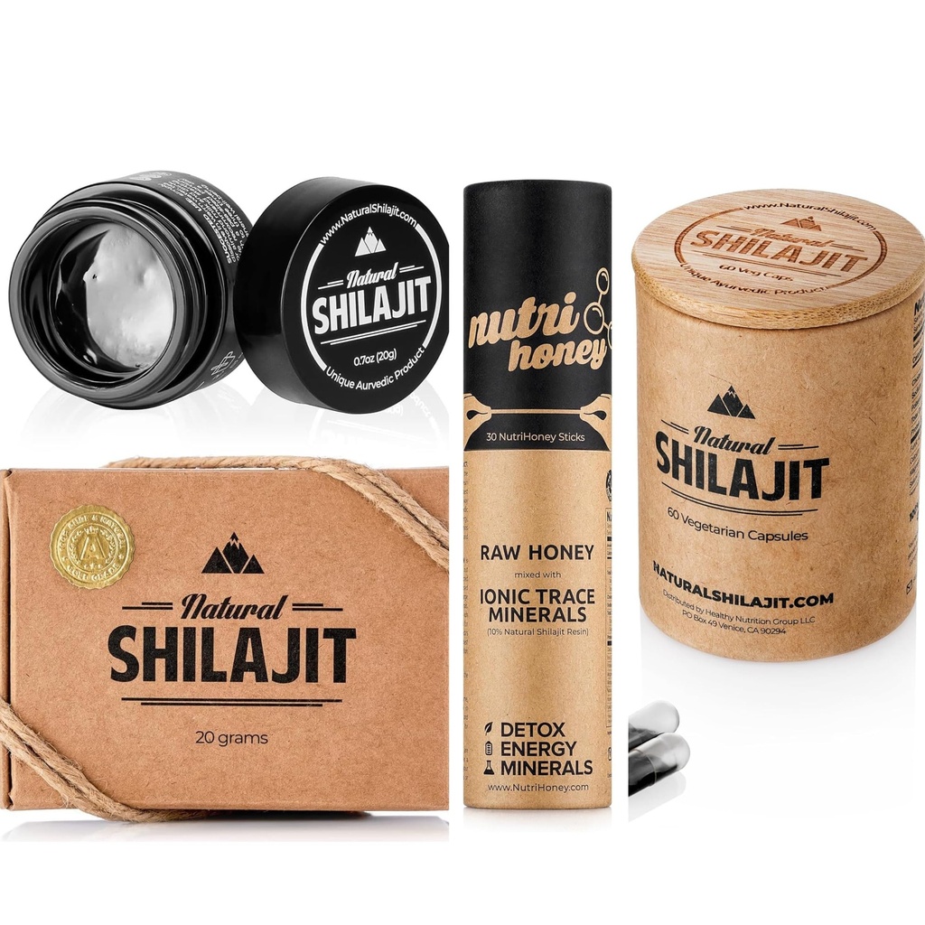 NATURAL SHILAJIT Resin 20G, Shilajit Honey Sticks 30 Conde Capsules 60 Conde