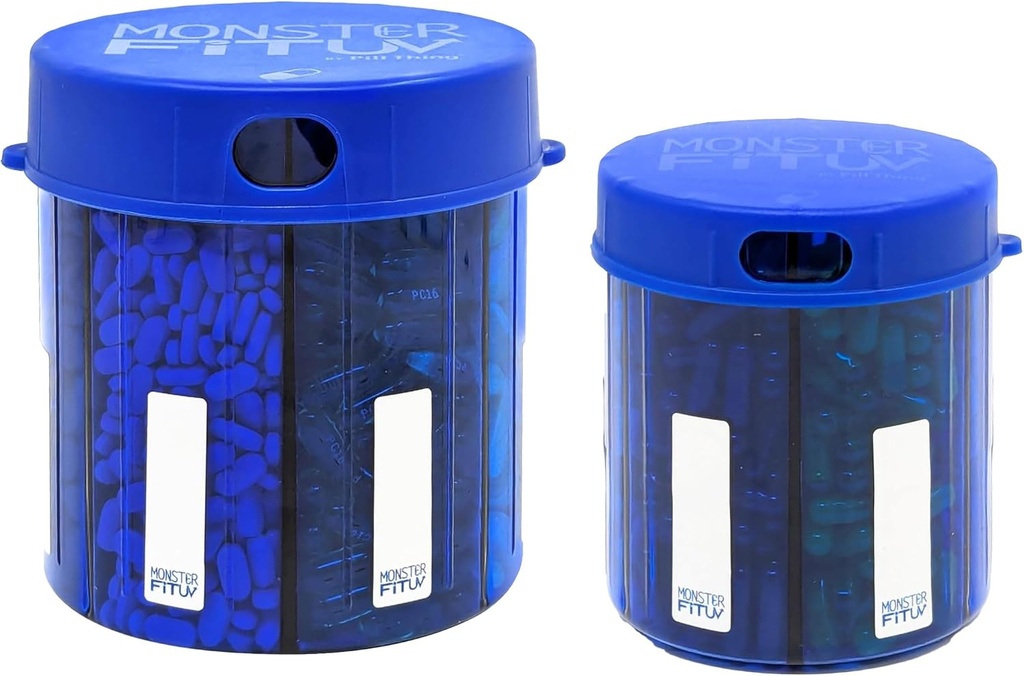 Monster Supplement Medication Pill Dispenser with Compartment Labels - Extra Large Pill Container Bottle Handles Almost Any Supplement - Easy to Dispense (Monster Blue & Monster Jr. Blue)