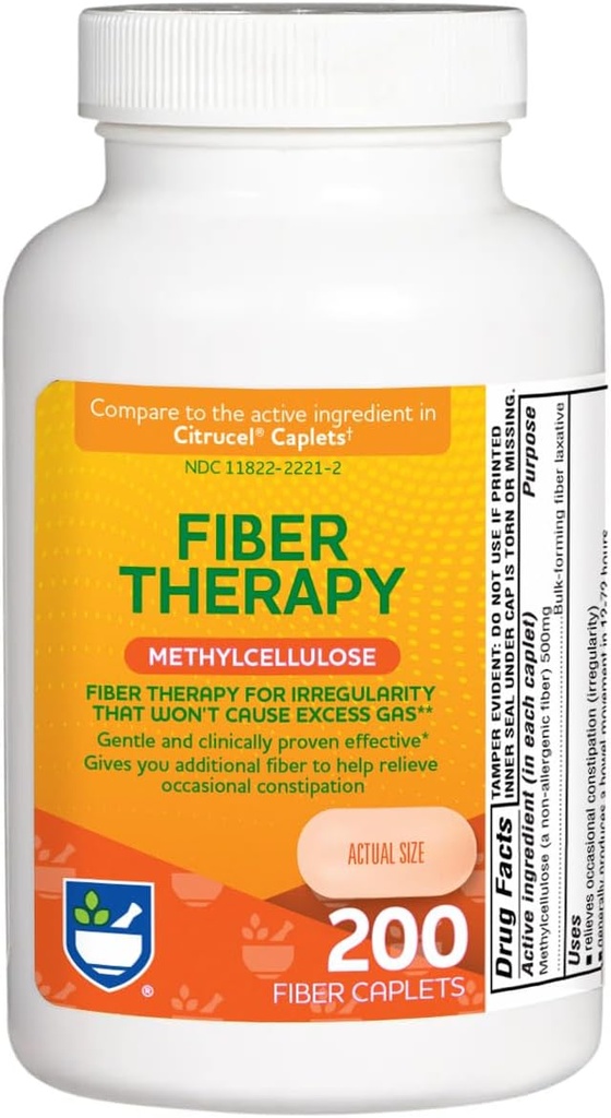 [BRSWIYYCDINQKGQ5] Rite Aid Fiber Therapy Soluble Fiber Supplement 200 Caplets, 500mg Methylcellulose, Laxatives for Constipation, Fiber Pills for Adults