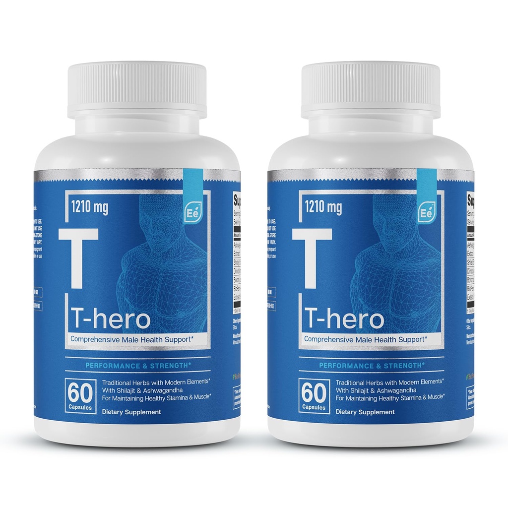 Elementos esenciales T-Hero - Soporte diario de testosterona para hombres - promueve la vibración " Drive - con Ashwagandha, Shilajit, Boron, DIM - 60 Cuenta - 30 Servimientos (2-Pack)
