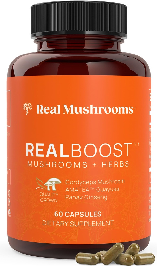 Real Mushrooms RealBoost Capsules – Cordyceps Mushroom, Panax Ginseng &amp; Guayusa Extract – para el bienestar general y el apoyo energético – Vegan, No GMO, No Fillers – 60 Conde Mushroom Suplemento Blend