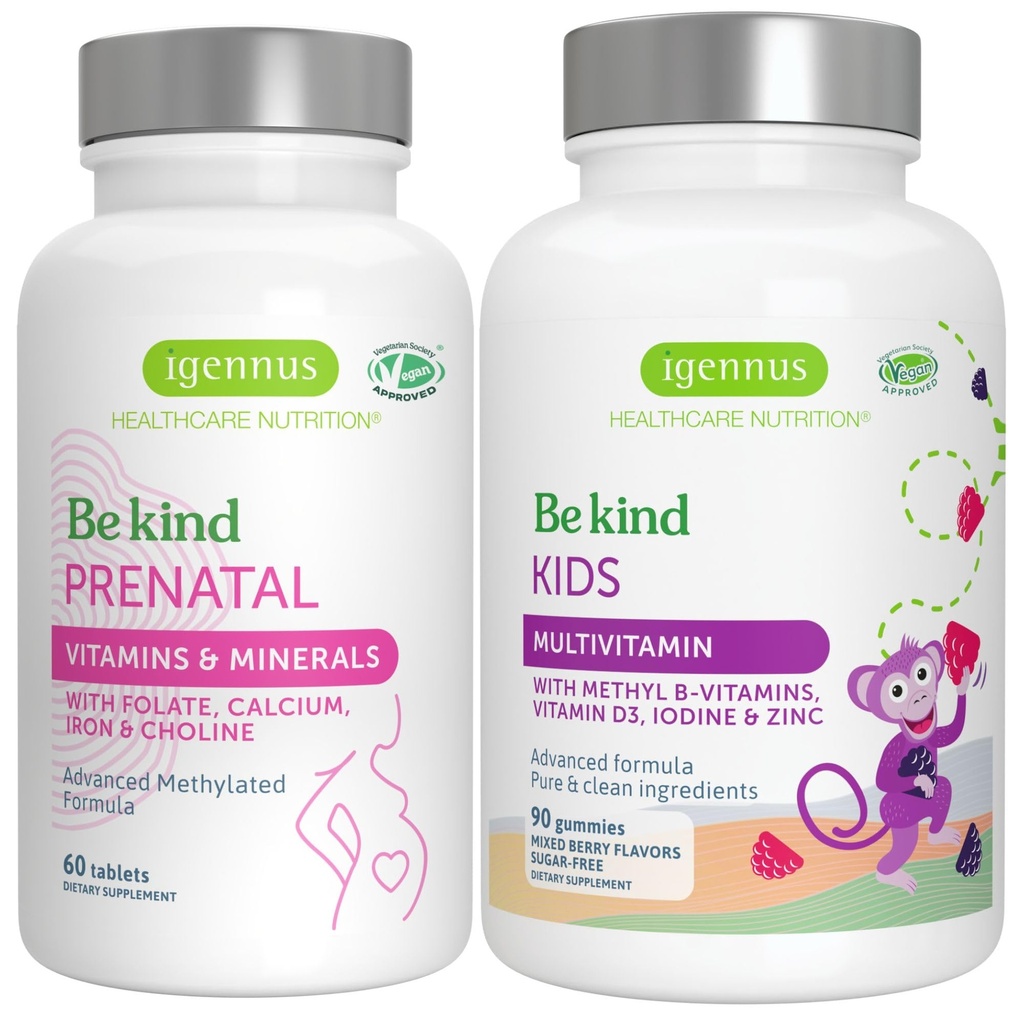 High Absorption Methylated Prenatal + Advanced Kids Multivitamin Gummy Vegan Bundle, Clean Label with Vitamin A, B, C, D3 &amp; E, 60 Tablets + 90 Berry Flavor Gummies, Be Kind by Igennus