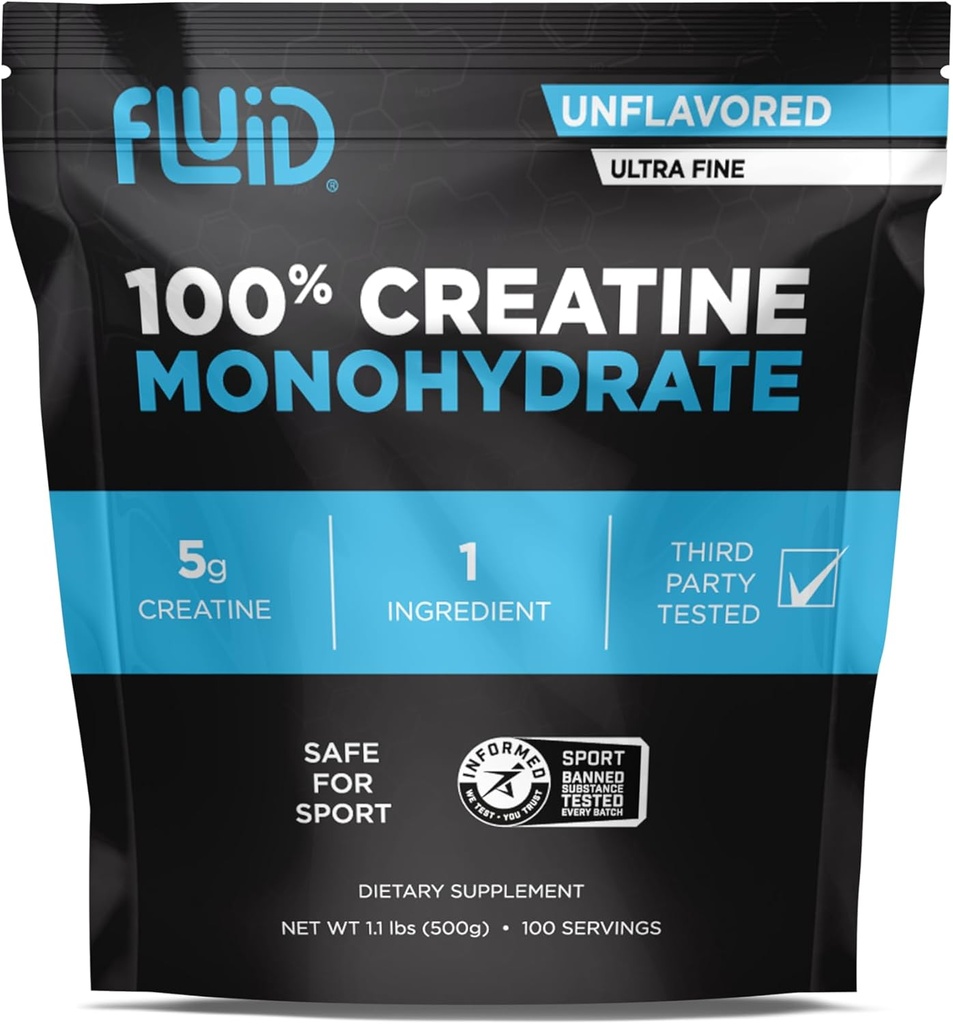 [BRSRAZA5BYGROD3H] Cretina Fluida - 100% Cretina Monohidrato Polvo, Desenflavorado, Deporte informado certificado, 5g por Serving (100 Servimientos)