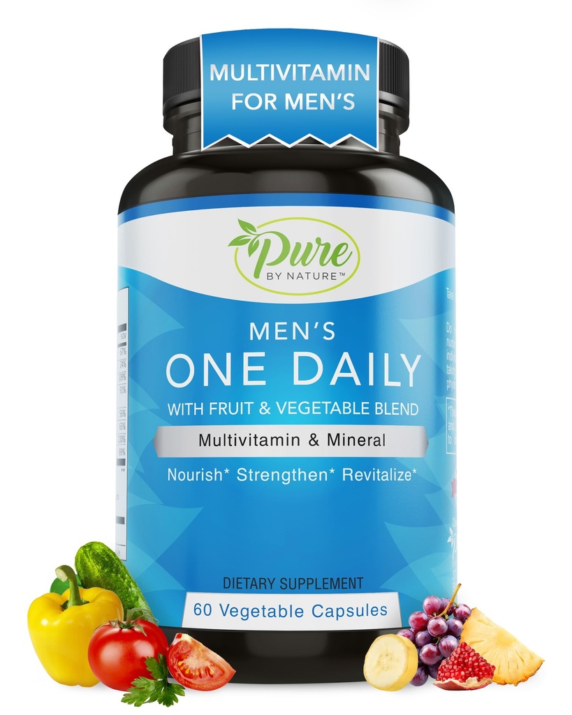 Pura por naturaleza Multivitamínico diario para hombres, Suplemento de apoyo inmune con ingrediente no transgénico, vitamina " minerales para la energía, 60 cápsulas vegetales