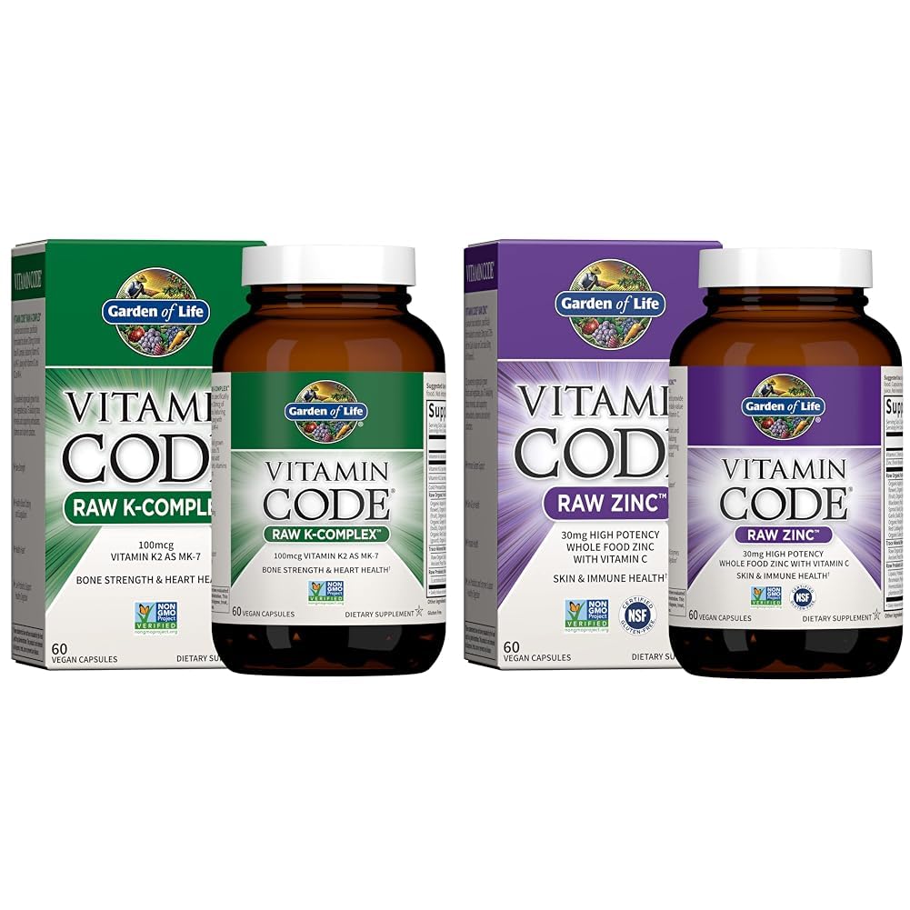 Jardín de la Vida Vitamina K2, K1, Zinc &amp; Vitamina C - Complejo de Vitamina Vegana para Hueso, Corazón, Apoyo Inmunitario &amp; Digestión Saludable - 60 Day Supply