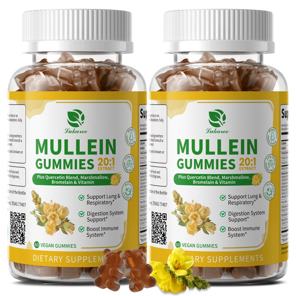 (2 Pack) 9 in 1 Mullein Gummies for Lung Cleanse " Detox, Extra Strength Mullein Leaf Extract w/Quercetin, Bromelain, Elderberry " Marshmallow for Respiratory, Immune " Digestive, Vegan,120 Count