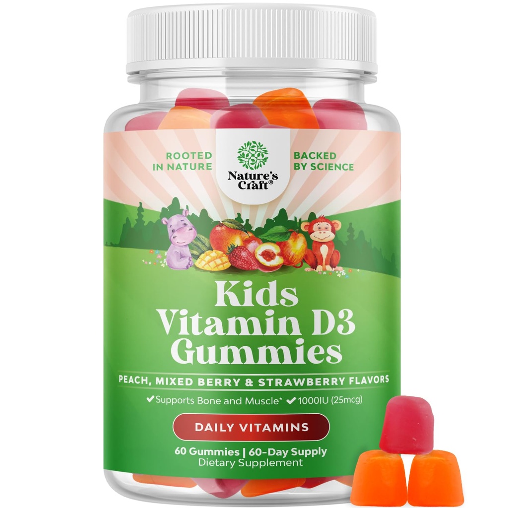 Gummies de vitamina D para niños - Delicious Kids Vitamin D 1000 IU Por Serving Gummy Vitamins for and Toddlers Immune Support Plus Muscle Teeth and Bone Health - Gelatin Free Fruit Flavors