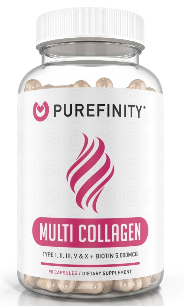 PUREFINITY Collagen Peptides for Women – Tipo I, II, III, V &amp; X con ácido hialurónico biotino, soporta la piel sana, los huesos, los clavos de pelo – No GMO, la semilla de hierba (90 cápsulas, 1 mes de suministro)
