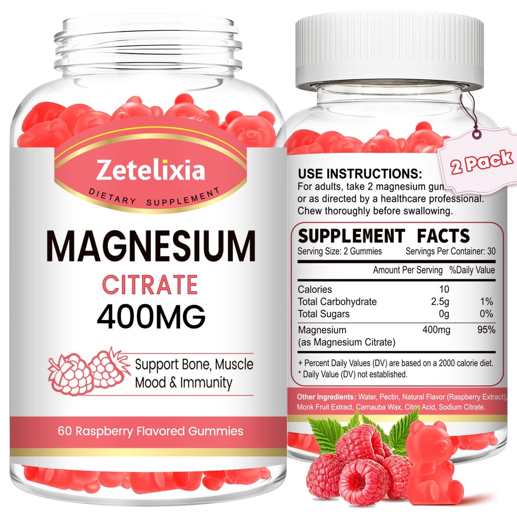 2 Pack Magnesium Citrate Gummies 400MG, Alta Absorción Magnesio Gummies para adultos, Muscle &amp; Teeth Support, Vegan 120 Cts